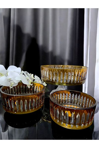AYZ HOME Amber Color Cut Crystal Glass Salad Presentation Bowl Set 100% Handcrafted