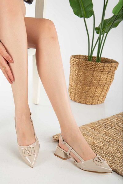 Elegant steps Women's Patent Leather Gold Buckle Detailed Short Heeled Shoes