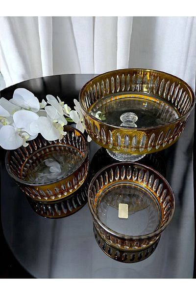 AYZ HOME Amber Color Cut Crystal Glass Salad Presentation Bowl Set 100% Handcrafted