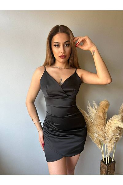 Fav Style Rochie mini din satin drapată pentru femei, cu decolteu dublu, cu bretele subțiri, neagră