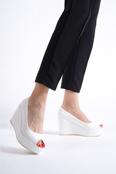 owwox club Felicity; White Matte Leather, 9 cm Wedge Heeled Shoes (Please Read the Product Description for the Size)