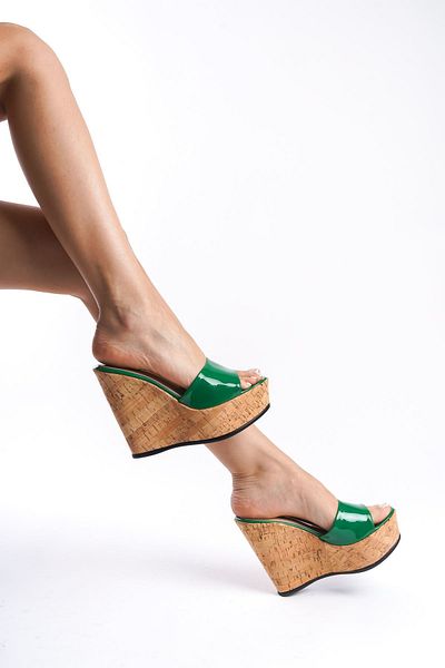 owwox club Hazel, Green, Mushroom Detailed, 12 cm Wedge Heeled Slippers
