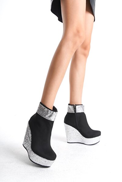 owwox club Eve ; Siyah Süet - Gümüş Simli,12 cm Dolgu Topuklu Kadın Bot