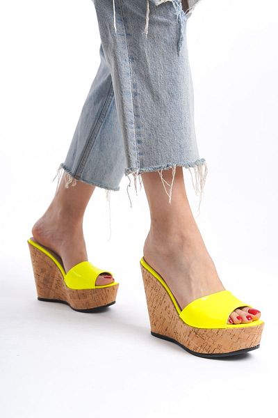 owwox club Hazel; Neon Yellow, 12 cm Cork Sole Wedge Heeled Slippers