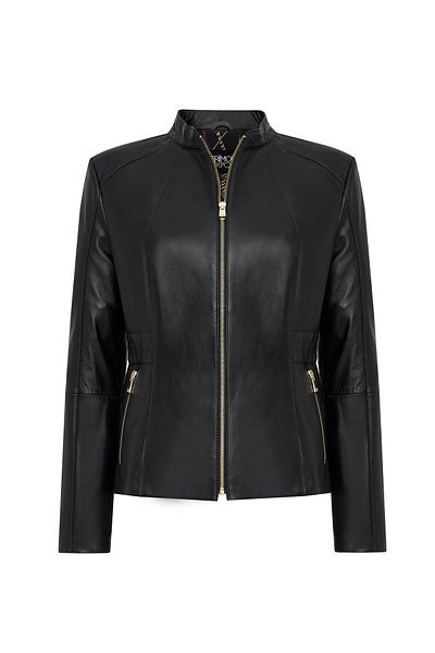 Derimod Women's Black Wide Fit Zippered Leather Jacket Lydia Plus 25Sge52971M