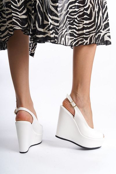 owwox club Perla; White Matte Leather, 12 cm Wedge Heeled Shoes