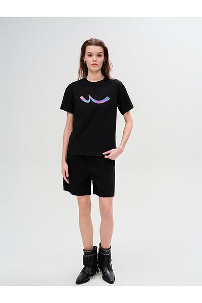 Ltb Tricou negru obișnuit cu mânecă scurtă cu imprimeu Sıgn