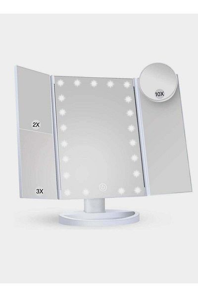 COOYA LED Cosmetic Mirror, Triple Folding, Portable, Touch Control, Glossy, For Dressers, White
