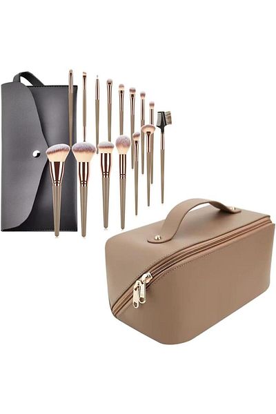 COOYA Waterproof Makeup Bag Kit,with 15 Pcs Cosmetic Brush,Portable Vanity Organizer for Travel Storage