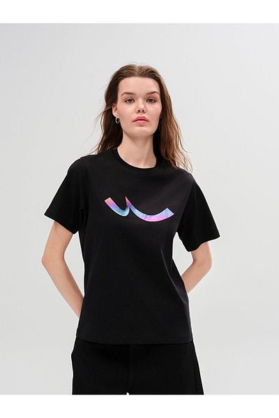 Ltb Tricou negru obișnuit cu mânecă scurtă cu imprimeu Sıgn