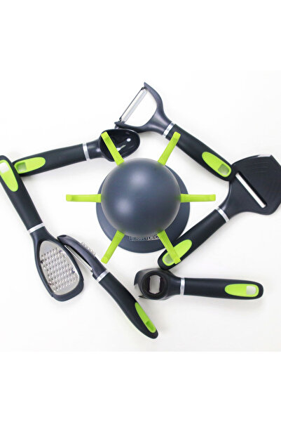 Lotus rose Set of 7 stainless steel kitchen utensils with rotating stand, soft grip handle