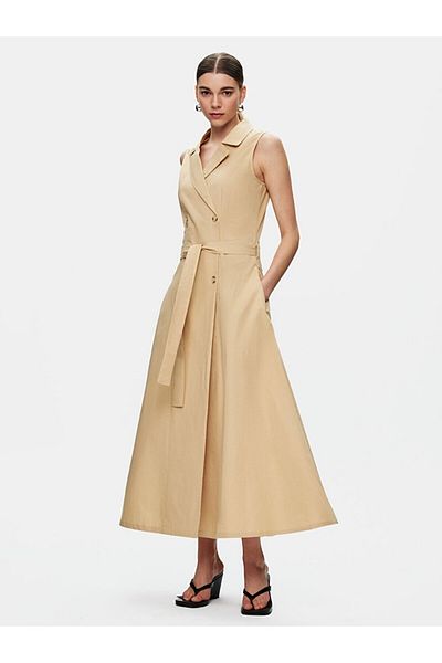Ltb Basic Buttoned Poplin Long Beige Dress