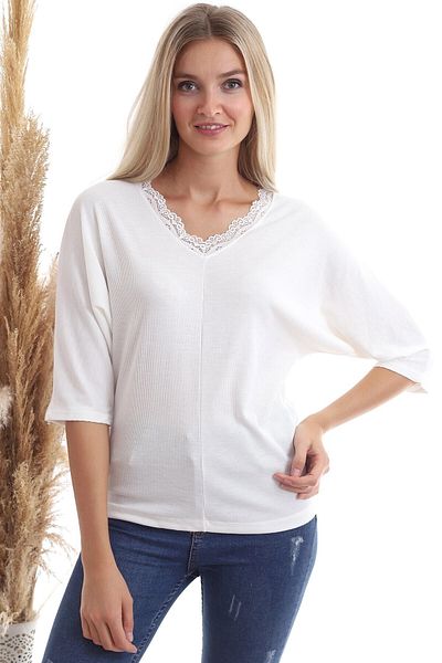 bacc Women's Ecru V-Neck Lace Bat Sleeve Blouse Co- 2520343331