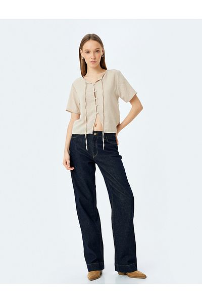 Koton New Season V-Neck Short Sleeve Button Lace-Up Neckline Shirt