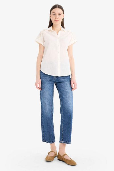 DeFacto Regular Fit Lace Detailed Flared Cotton Short Sleeve Shirt F0989Ax25Sm