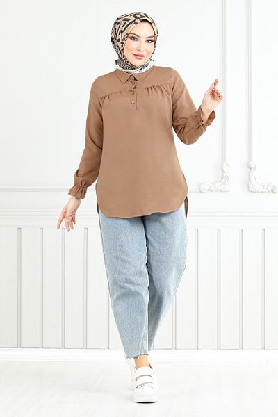 ModaMerve Half Button Tunic 402Evo1065-M Brown