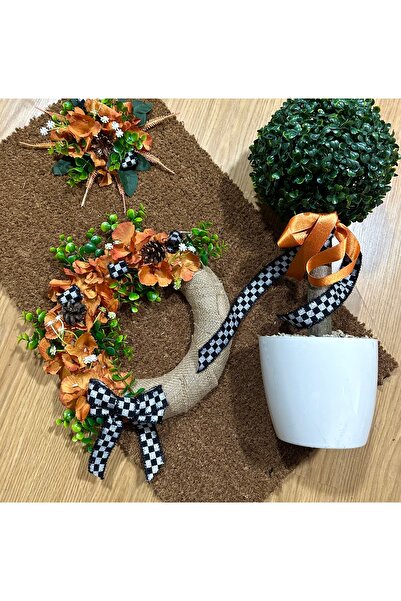 Marrone Şimşir Ağacı Turuncu Bahar Dalı Otantik Bohem 3'lü set paspas takımı