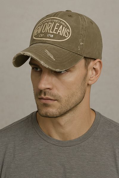 CosmoOutlet New Orleans Embroidered Washed Vintage Model Adjustable Beige Men's Hat from the Back