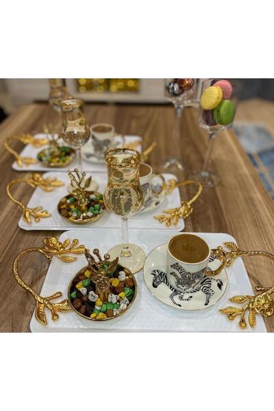 Meralles Metal Tepsi Diktörtgen Japon Gülü Gold Kulp Detaylı Dekoratif Vintag...