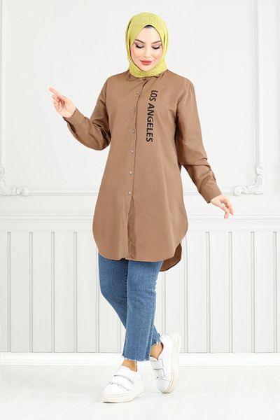 ModaMerve Text Printed Tunic 404Evo1065-M Brown