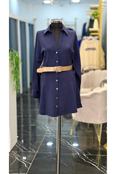 NECCE Kemerli Önden Düğmeli Kısa Elbise Lacivert