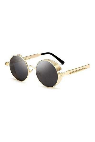 HALAMODO Women's Sunglasses, Gold Frame Metal Sunglasses, Steampunk Retro Round Vintage Eyewear