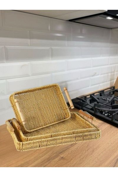 Bayev 3-Piece Wicker Wooden Handle Rectangular Tray Presentation Tray Tea Tray 700661