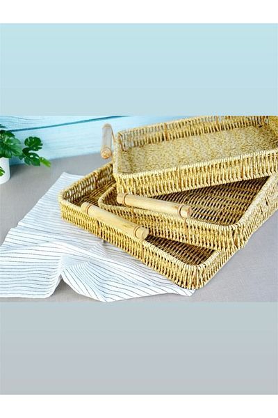 Bayev 3-Piece Wicker Wooden Handle Rectangular Tray Presentation Tray Tea Tray 700661