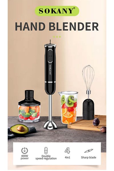 SOKANY 4-in-1 Multifunction Hand Blender Food Processor Electric Chopper 400W SK-1721-4 Black