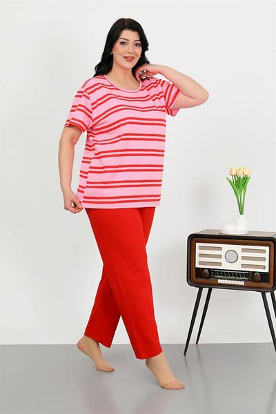 Celira Women's Large Size Red Short Sleeve Combed Cotton Pajama Set