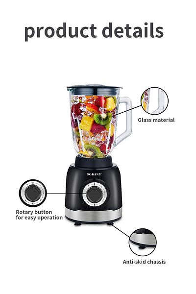 SOKANY 3-In-1 Juicer Blender, 1.5 Litre, 1000W Multi-Function High Speed Blender Ice Crusher Black