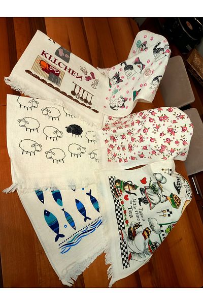 yörük tuhafiye 40X60 cm Illustrated Printed Kitchen Towel 6 Pieces, Patterned Cream Drying Cloth Set