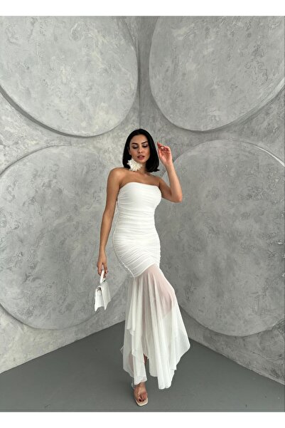 ZISHAN Tül Detaylı Asimetrik Drapeli Straplez Kadın Abiye Elbise 096