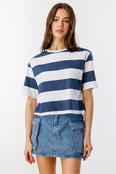 GENIUS STORE Μπλουζάκι με κοντό μανίκι με ριγέ με λαιμόκοψη με λαιμόκοψη CROP-Stripe