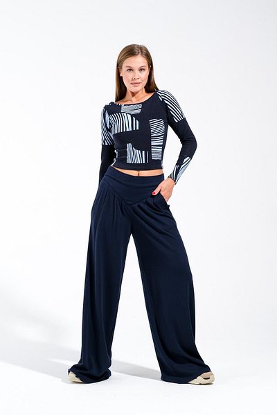Signature Style 724905 _Navy Blue High Waist Corset Wide Leg Pleated Palazzo Trousers