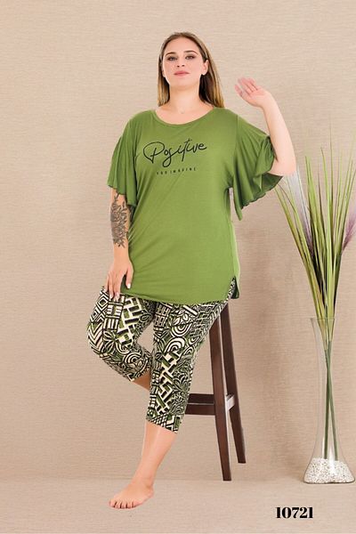 tarzımsüper Plus Size Elastic Waist Comfort Model Viscose Cotton Women's Capri Pajamas Suit