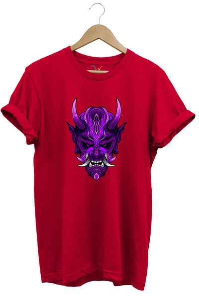 WİDİ Anime Purple Skull Printed 100% Cotton Regular Fit Crew Neck Red T-Shirt