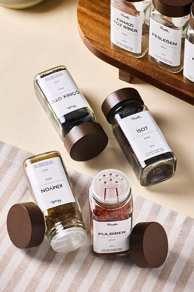 Lizzy Set of 12 Minimal Acacia Lid Spice Shakers 120ml-30 Pcs. Black-White Label Gift