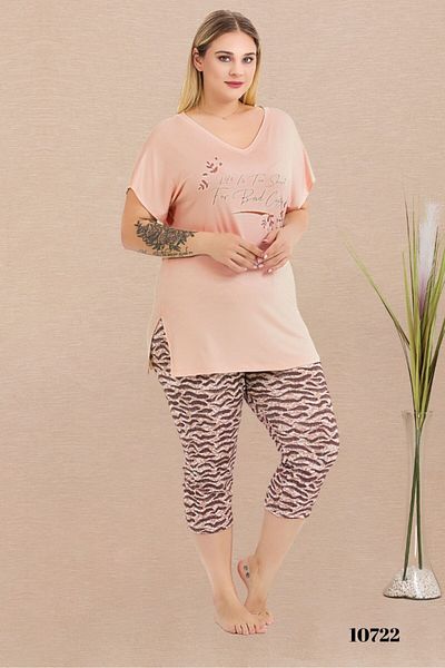 tarzımsüper Plus Size Elastic Waist Comfort Model Viscose Cotton Women's Capri Pajamas Suit