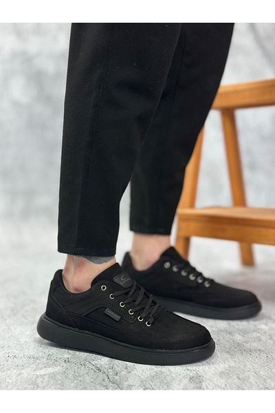 BESKAR Ba0236 Boa Comfortable Flat Black Sole Linen Laced Black Casual Men's Shoes