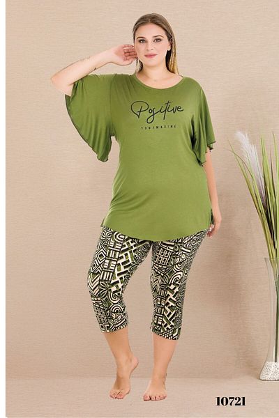 tarzımsüper Plus Size Elastic Waist Comfort Model Viscose Cotton Women's Capri Pajamas Suit