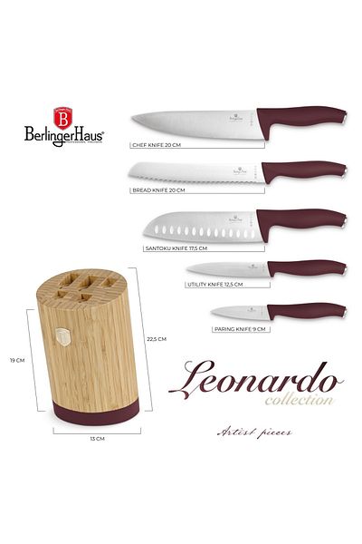 Berlinger Haus 6-piece Knife Set With Stand Leonardo Bh 2754, Burgundy, Wooden Stand