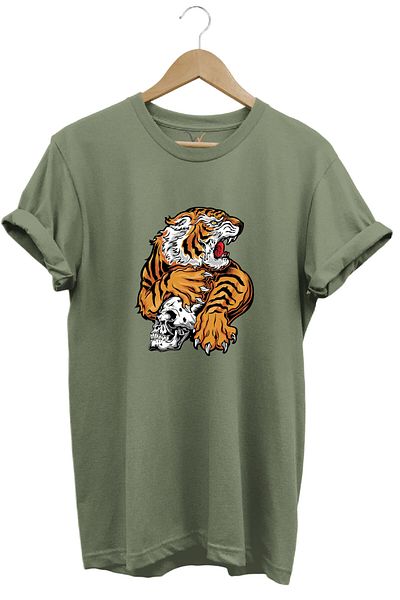 WİDİ Μπλουζάκι με σχέδιο Wild Tiger και με στάμπα με κρανίο 100% βαμβακερό κανονικό λαιμόκοψη χακί