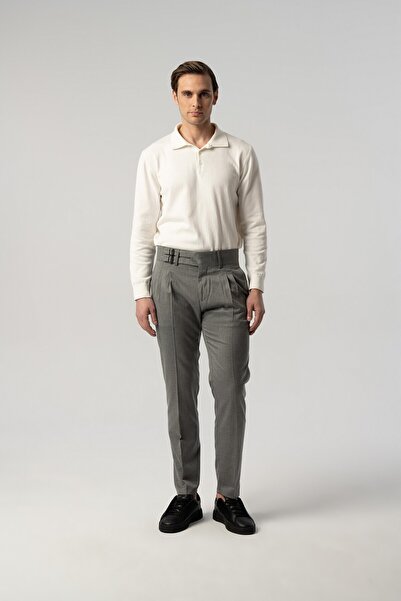 Score Michail Italian Cut Pleated Double Buckle Gray Fabric Trousers 2199-130