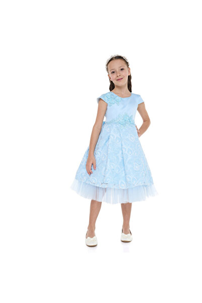 Victor and Jane فستان سهرة أنيق من الساتان والدانتيل باللون الأزرق السماوي مع...