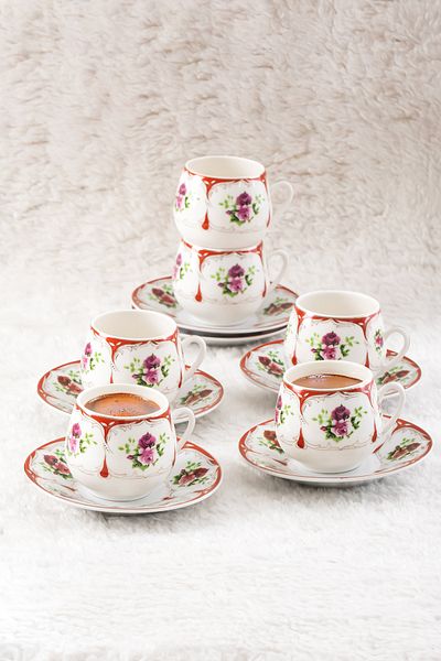 Porsima 12 Piece Geisha Turkish Coffee Cup Set for 6 People Porcelain 100ml