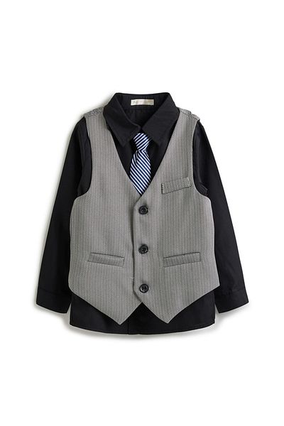 Victor and Jane Grey Herringbone Waistcoat And Pant Set With Shirt And Tie