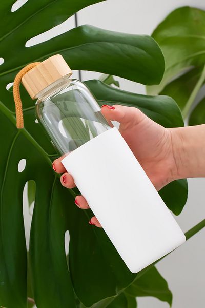 Porsima 2409-4 Water Bottle 550 ml - Water Bottle with Bamboo Lid Borosilicate Glass Water Bottle with White Case
