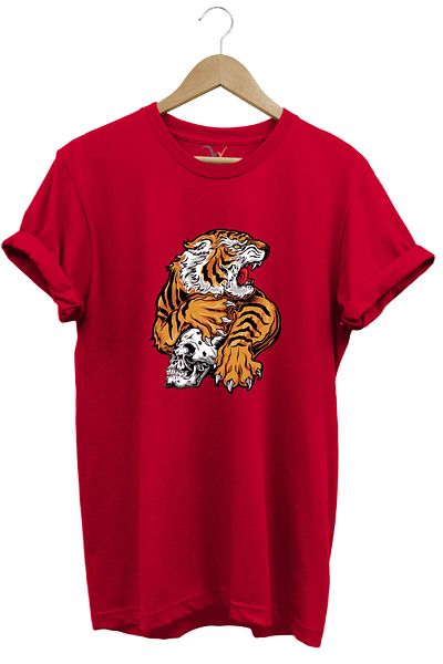 WİDİ Wild Tiger Design and Skull Printed 100% Cotton Regular Fit Crew Neck Red T-Shirt