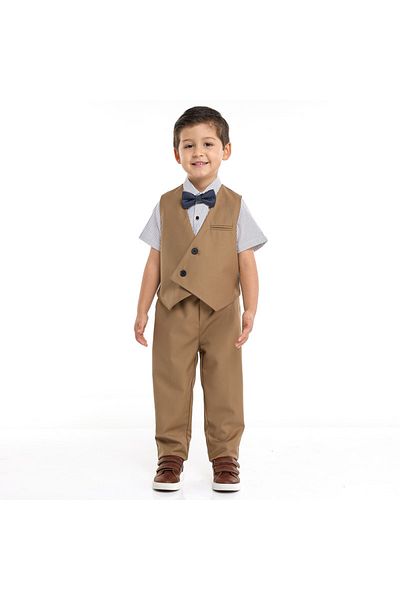 Victor and Jane Tan Waistcoat And Pant Set With Shirt And Bow Tie